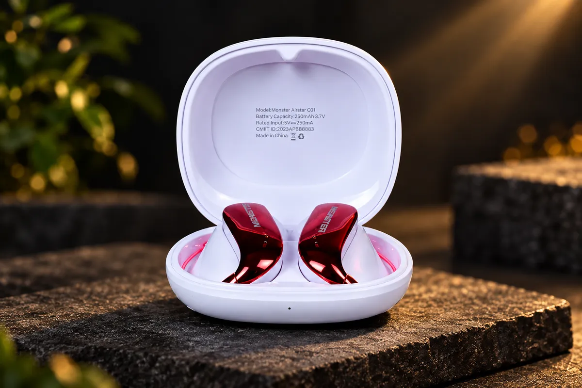 Purple Monster Airstar C01 earbuds in an open lavender case on dark stone with warm lighting