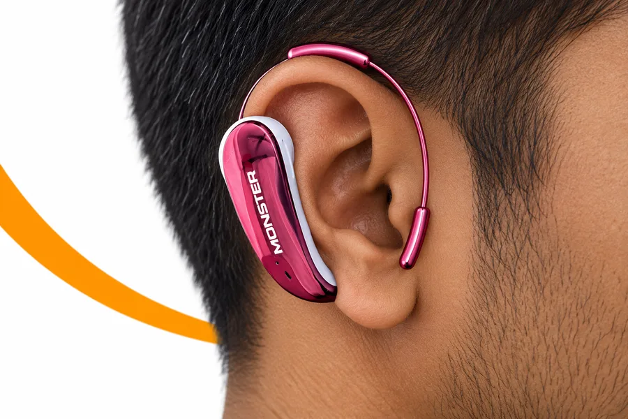 Concept illustration of the C01 ear hook sitting around an ear, with the speaker outside the ear opening