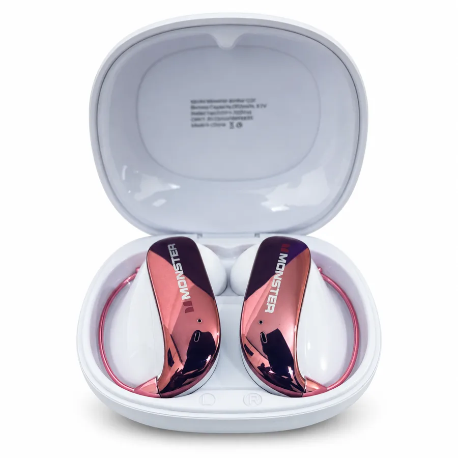 Purple Monster Airstar C01 earbuds and their open charging case